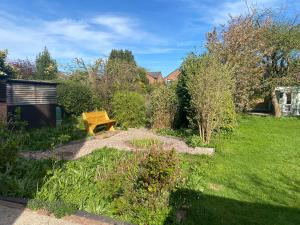 a garden with a wooden bench in the grass at Tiny home OR Chalet - with toilet & shower room in separate outbuilding in Nottingham +8 photos