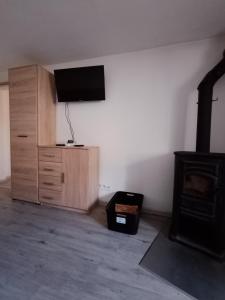 a living room with a fireplace and a flat screen tv at Apartmán KPS in Kalameny