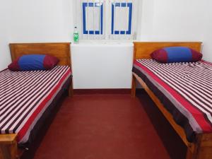 two beds with pillows on them in a room at Ruwanthera Eco Resort in Ruwanwella