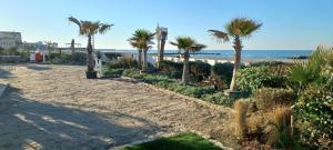 a sandy beach with palm trees and the ocean at Suite AeF Lido di Ostia in Lido di Ostia