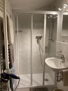 a bathroom with a shower and a sink at Garni Guflhof in Caldaro +21 photos