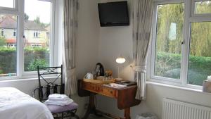 1 dormitorio con 1 cama y escritorio con TV en Savannah Bed and Breakfast en Virginia Water