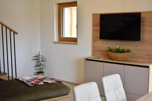 a living room with a flat screen tv on a wall at Wohlfühl Apartments am Hof Rapotz in Leutschach