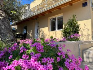 a garden of pink flowers in front of a house at Apartment Maro in Šibenik