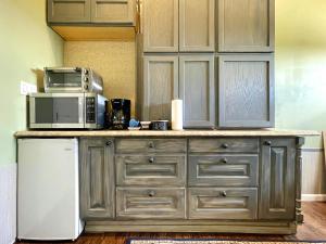 a kitchen with a counter with a microwave and a refrigerator at Hamptons Romantic Waterfront Queen Suite in Remsenburg