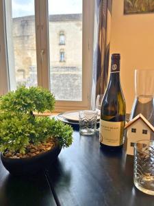 a bottle of wine and a potted plant on a table at T2 Amboise avec vue sur le Château Royal in Amboise +5 photos