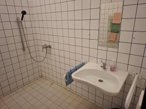 a white bathroom with a sink and a shower at Dům pro hosty in Přelouč +26 photos