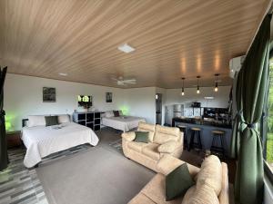 a living room with a bed and a kitchen at Arenal cautiva in El Castillo de La Fortuna