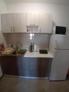 eine kleine Küche mit Spüle und Kühlschrank in der Unterkunft Sobe Soldo in Međugorje + 32 Fotos