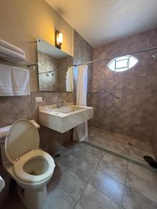 a bathroom with a toilet and a sink at Cachito Mio hotel y temazcal in Cholula +11 photos