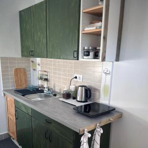 a kitchen with green cabinets and a sink at Kisház in Kisoroszi +12 photos