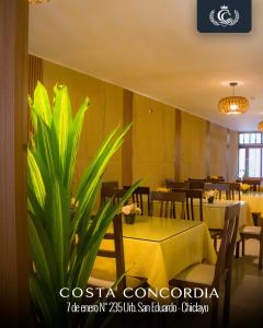 a plant in a room with tables and chairs at Costa Concordia in Chiclayo