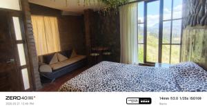 a bedroom with a leopard print bed and a window at "De HugoS" hospedaje in Ibarra