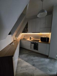 a kitchen with a sink and a stove at Eleganckie Lokum in Malbork