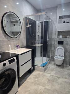 a bathroom with a shower and a washing machine at Eleganckie Lokum in Malbork