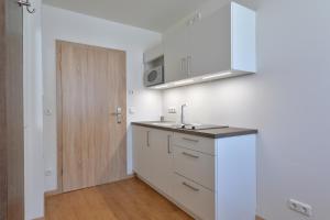 a kitchen with a sink and a wooden door at Gästehaus am Lindenhain in Erding +16 photos
