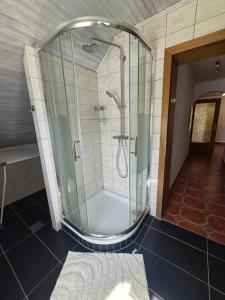 a bathroom with a shower with a glass enclosure at Ferienwohnung U28 in Ferlach +17 photos