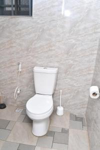 a bathroom with a white toilet in a stone wall at Skye Palace Apartment - Ambassador Suite in Akure