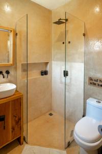 a bathroom with a shower with a toilet and a sink at Casa Omero Garden in El Cuyo +6 photos