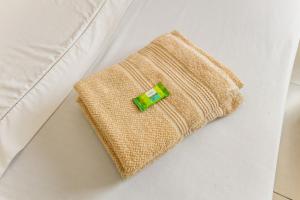 a green object is sitting on a pillow on a couch at Queridinho do São Mateus com ar - lado da igreja in Dom Bosco