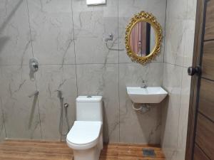 a bathroom with a toilet and a sink and a mirror at Spice Garden Clove Villa in Batheri