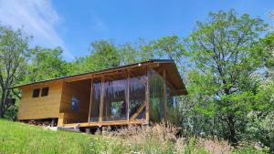 a small wooden house on a hill with trees at SkyhighRetezat in Clopotiva