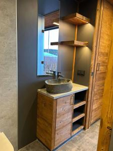 a bathroom with a sink and a mirror at Seechalet Kranich in Roding +10 photos