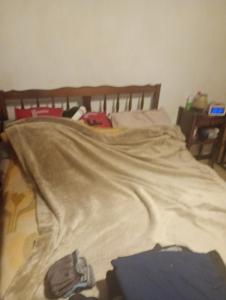 ein Bett mit einer Decke darüber in der Unterkunft Gillet in LʼIsle-sur-la-Sorgue