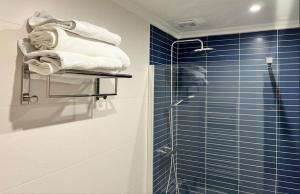 a bathroom with a shower and towels on a shelf at VUT PLAZA DEL ANGEL in Salamanca