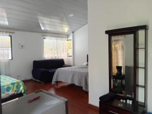 a living room with a bed and a mirror at Cabañas Bosque Encanto - Jacuzzi in San Francisco