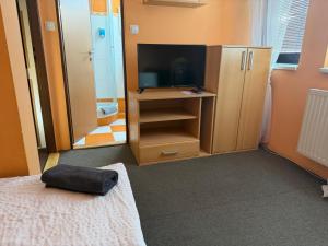 a bedroom with a bed and a television and a cabinet at Penzion U Růže in Sezimovo Ústí
