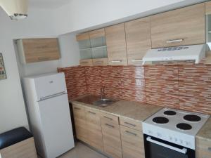 a kitchen with a white refrigerator and a sink at Reborn Project Plakes in Skiathos +63 photos