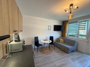 a living room with a couch and a table at Ostoja Apartament Bytom Miechowice 24H - blisko A1, Gliwice 15 min in Bytom