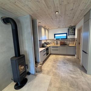 a kitchen with a stove in the middle of a room at Wooden House Kaszuby in Borsk