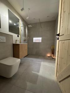 a large bathroom with a toilet and a sink at Wooden House Kaszuby in Borsk +24 photos