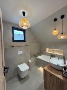 a bathroom with a toilet and a sink and a tub at Wooden House Kaszuby in Borsk