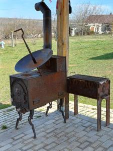 an old stove with a pan on top of it at Arca lui Roman in Furceni