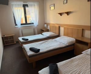 a room with three beds in a room at Penzion U Růže in Sezimovo Ústí