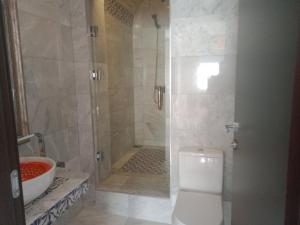a bathroom with a shower with a toilet and a sink at L'appartement en face de la baie in Sidi MʼHamed +9 photos