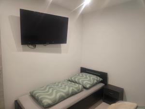 a room with a bed with a flat screen tv on the wall at La Piccola Italia in Deggingen +2 photos