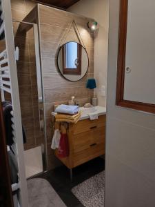 a bathroom with a sink and a mirror at Le chalet de Maryvonne in Gibles +14 photos