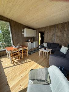 a living room with a couch and a table at Raaum Gard, hytte 3 in Luster