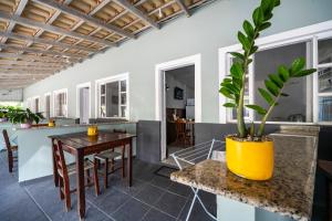 a kitchen and living room with a table and a potted plant at Mares e Flores by OlaMar Bombinhas in Bombinhas