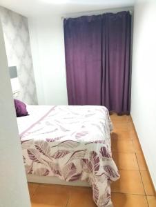 a bedroom with a bed with a purple curtain at Los Lentiscares Apartment in Torrox Costa