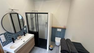 a bathroom with a shower and a sink and a mirror at Chambre spacieuse et moderne in Sallertaine