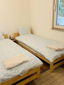 two twin beds in a room with a window at Oaza Jeziorak in Siemiany