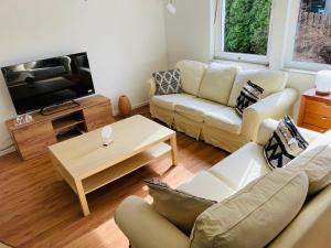 a living room with a couch and a tv at Oaza Jeziorak in Siemiany