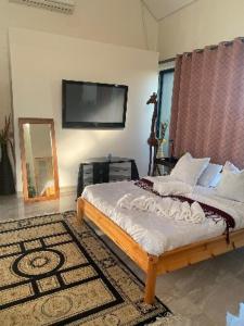 a bedroom with a bed with a television on the wall at eagle hights in Tierpoort