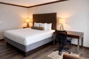 a hotel room with a bed and a desk with a chair at The Dalles Inn in The Dalles