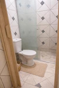 a bathroom with a toilet and a shower at Hotel Americano in Americano Brasil